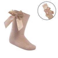 S141-BE: Beige Knee Length Socks w/Bow (0-24 Months)